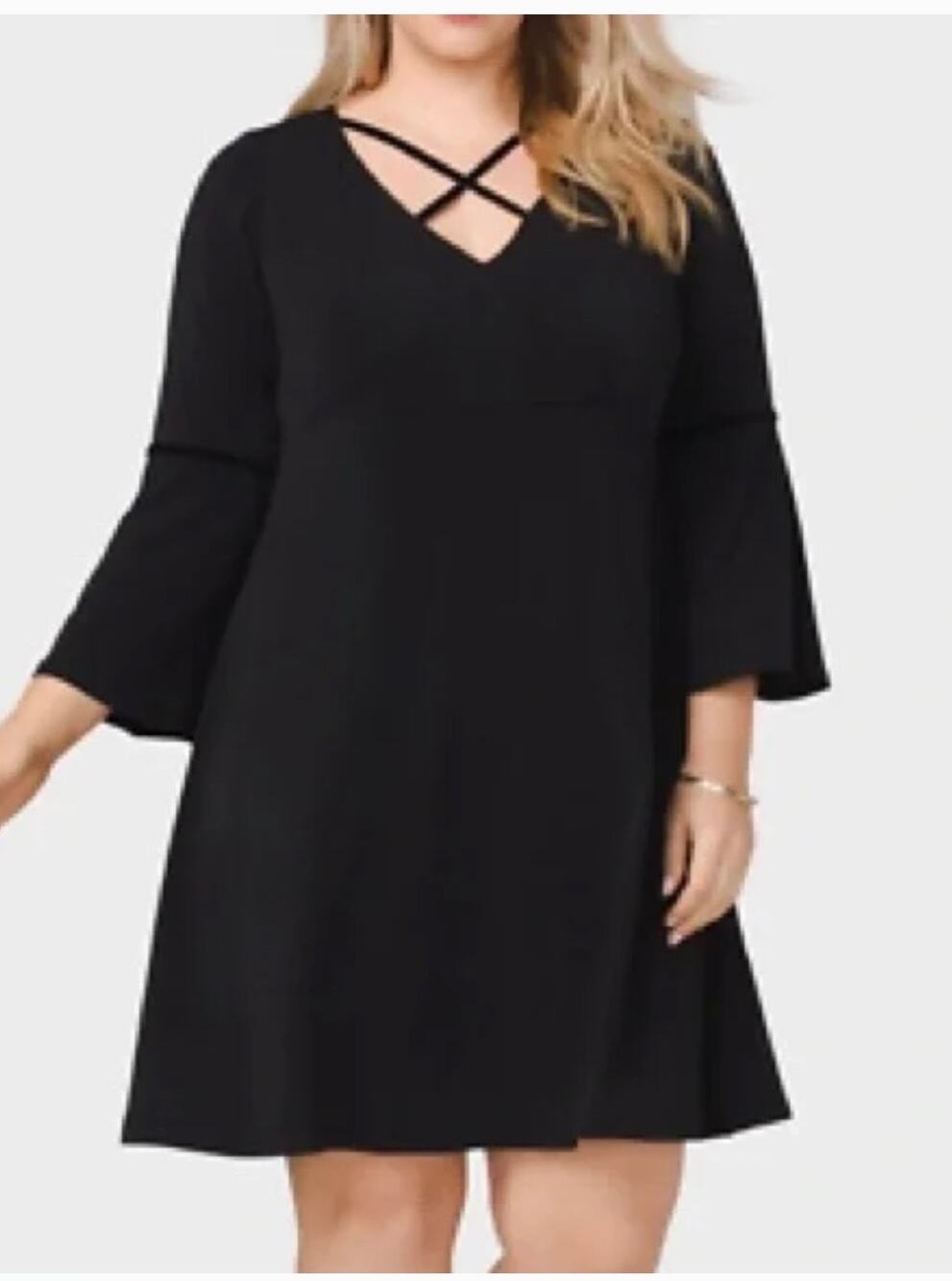 Ashley Graham Black Dress Criss Cross Neckline Sz 12 Bell Sleeve Boho Flowy